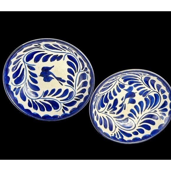 Anfora Puebla Blue 6" Sauce Bowls Hand Painted Mexico Collect Early Vintage Bird - Picture 1 of 8